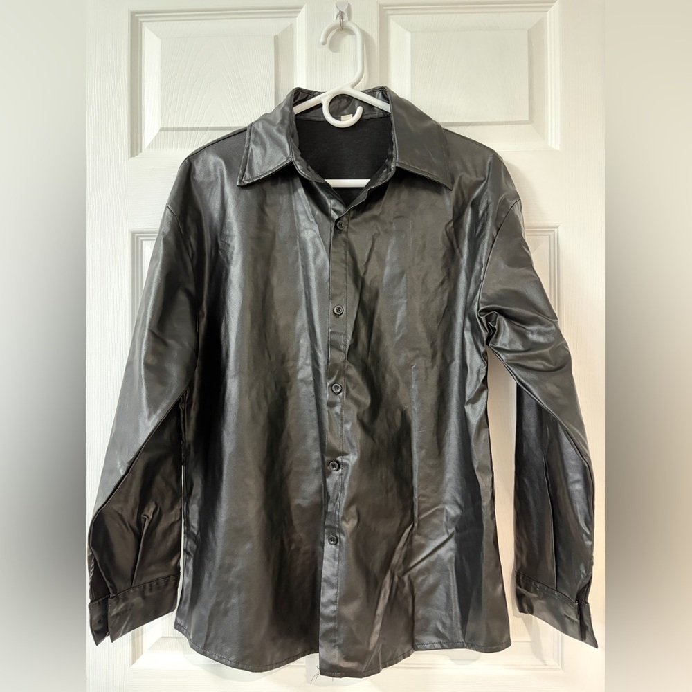 Black Faux Leather Button Down Shirt (Size L)